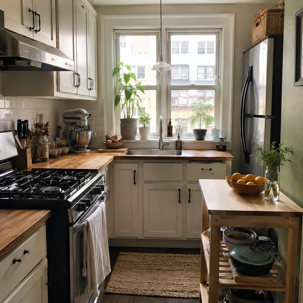 Realistic editorial photo of an American small kitchen showing crowding window