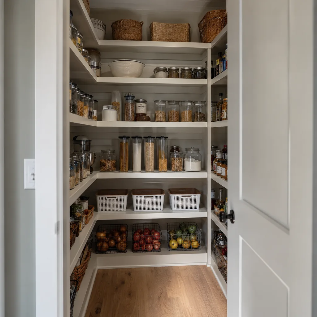 Realistic editorial photo of an American walk-in pantry showing ignoring door storage