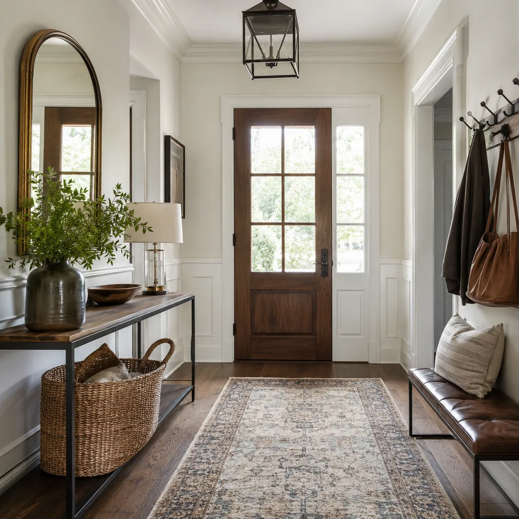 Realistic editorial photo of an entryway with console table, mirror, bench, hooks, rug, lighting, and storage showing traditional trim with modern furniture
