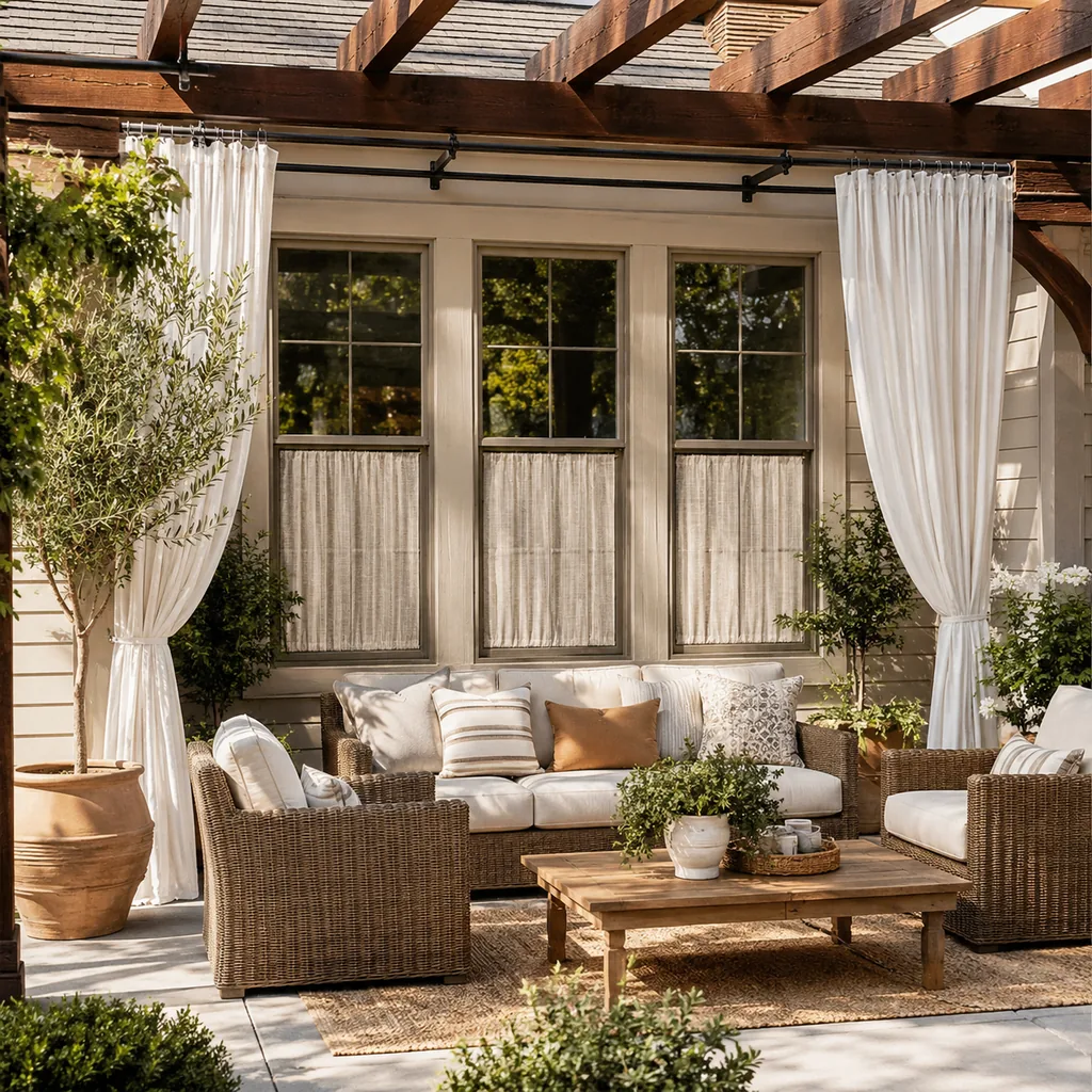 Realistic editorial photo of an outdoor patio with pergola curtains, seating, plants, fabric panels, and sunlight showing tall windows treated like short ones