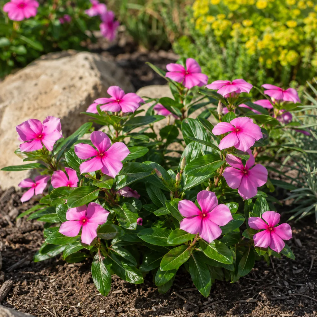 Realistic editorial photo of Annual vinca growing in sunny drought tolerant flower bed in summer heat, realistic editori