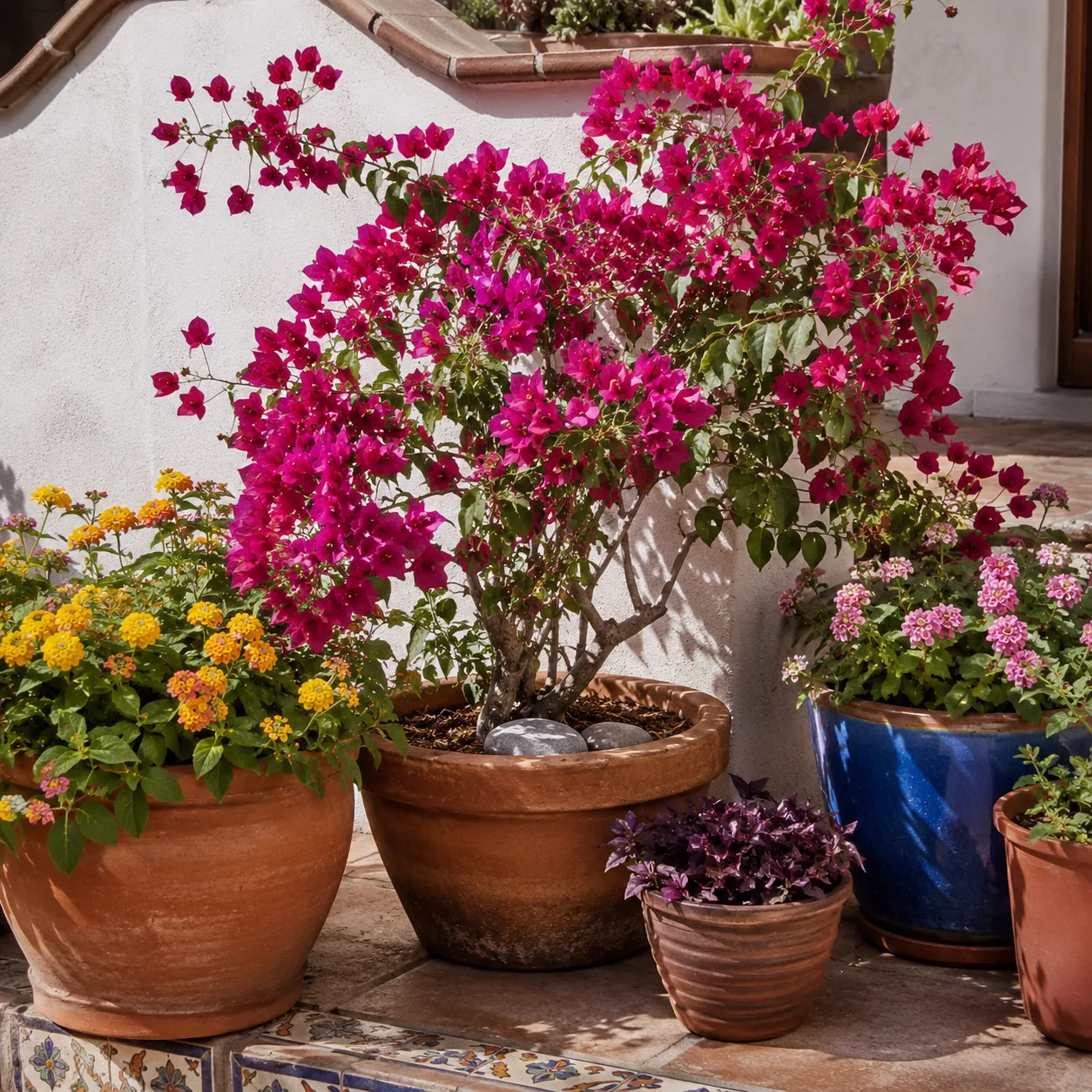 Realistic editorial photo of Bougainvillea growing in sunny patio containers with heat tolerant flowering plants, realis