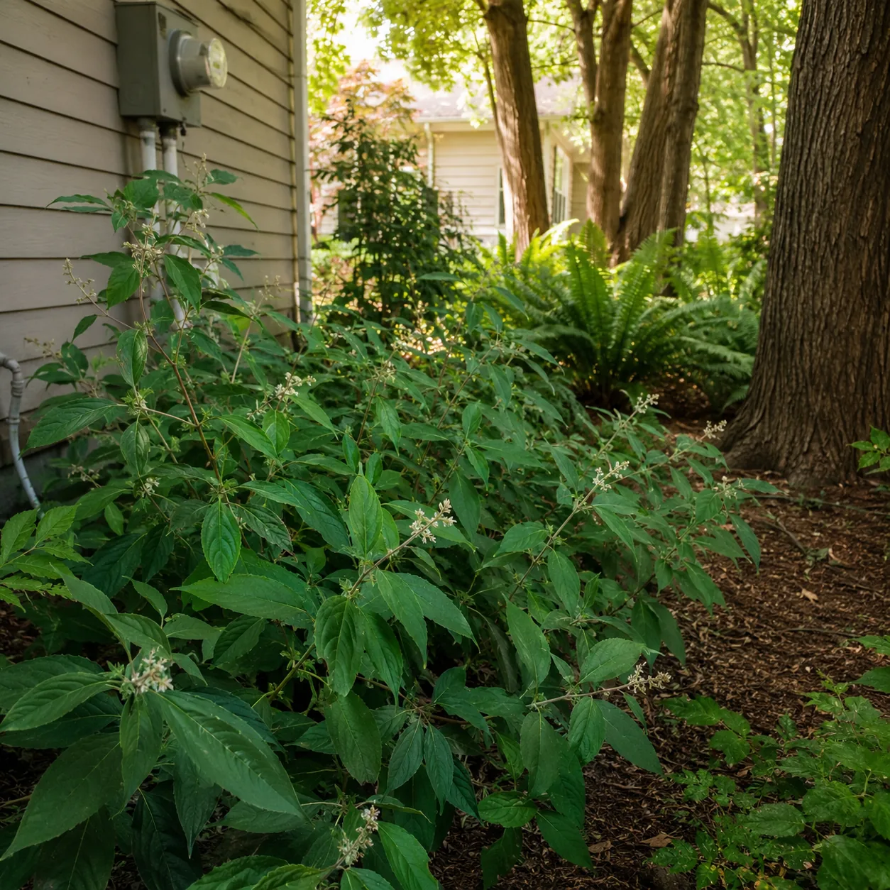 Realistic editorial photo of Fragrant sumac in shade edges growing in dry shady side yard under mature trees planted wit