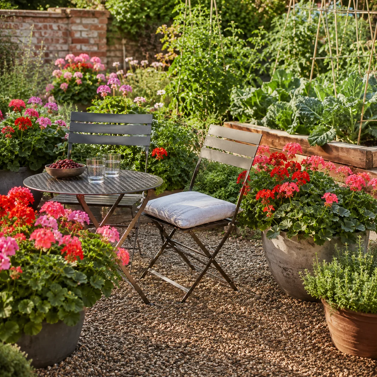 Realistic editorial photo of Geraniums around seating growing in a practical edible and flower garden, realistic editori