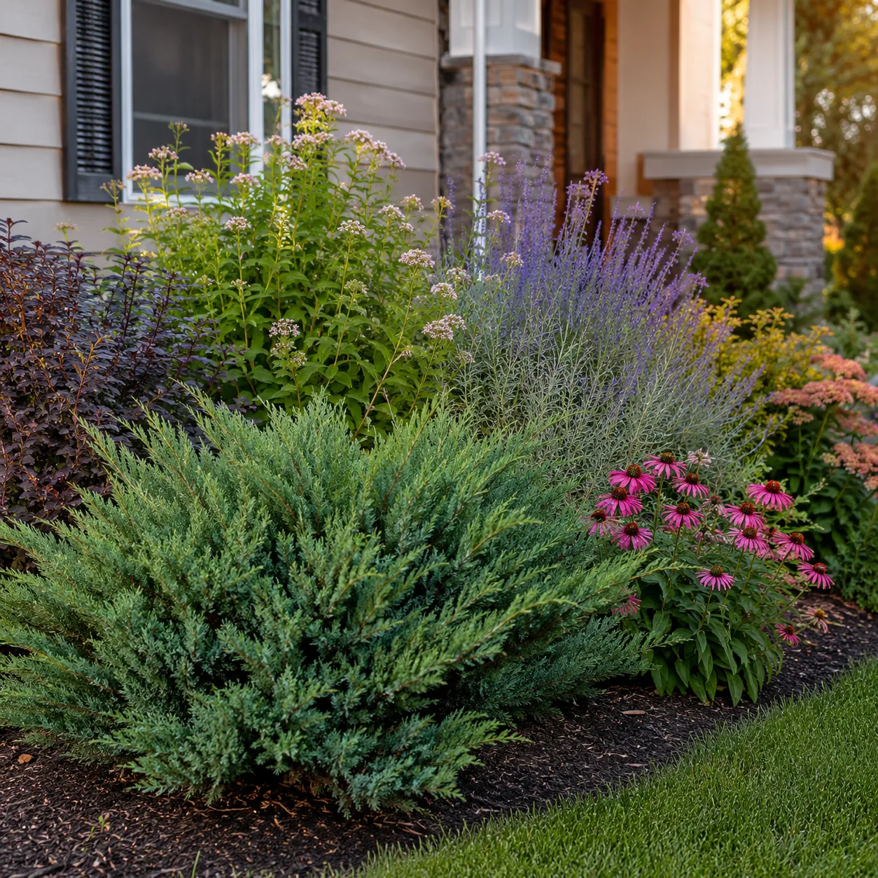 Realistic editorial photo of Juniper growing in front yard border with deer resistant flowering plants, realistic editor