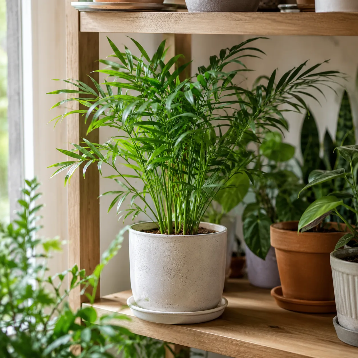 Realistic editorial photo of Parlor palm growing in bright indoor shelf with low maintenance houseplants, realistic edit