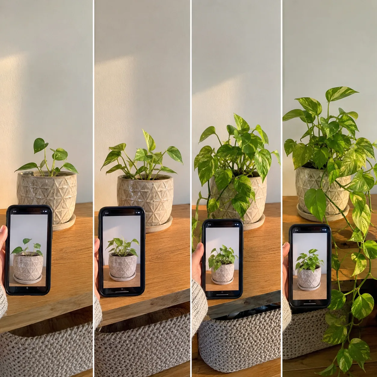 Realistic editorial photo of phone photo comparison of pothos plant progress over several weeks, warm natural light, pra