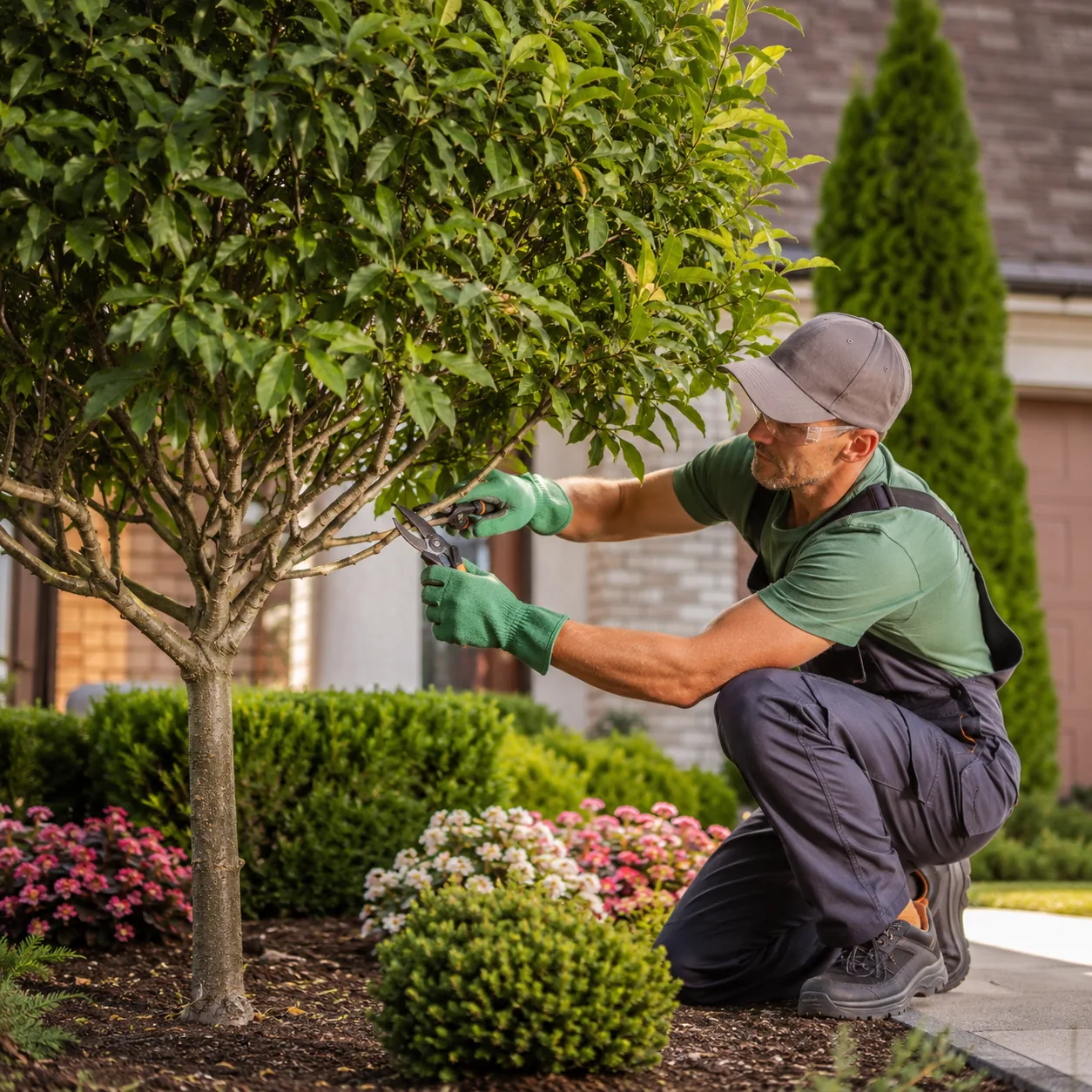 Realistic editorial photo of prune lower branches for shape in polished suburban front yard, realistic editorial photo, 