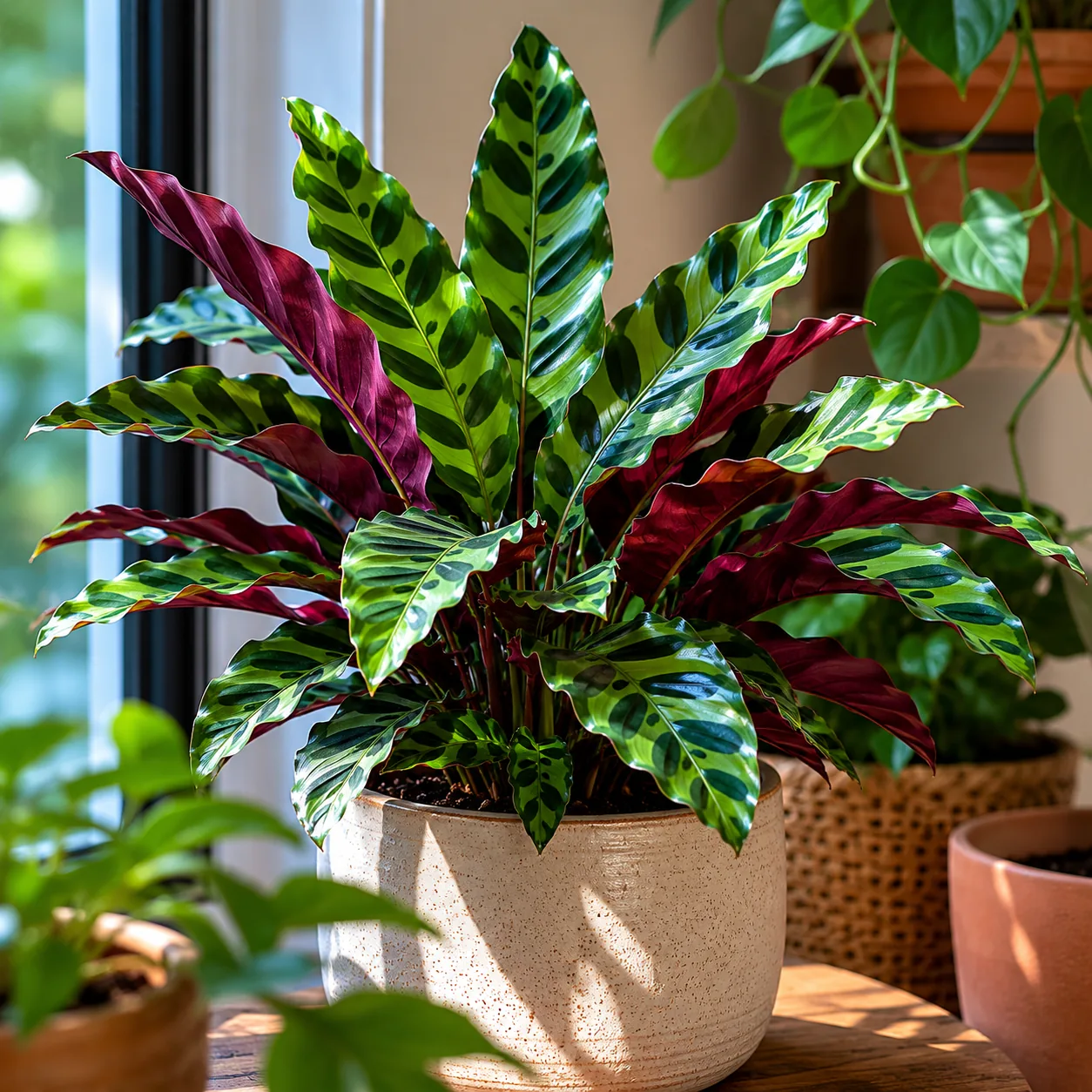 Realistic editorial photo of Rattlesnake calathea growing in low light room corner with houseplants near a window, reali