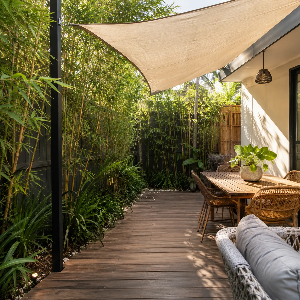 Realistic editorial photo of shade sail plus side planting in an ordinary backyard needing privacy, realistic editorial 