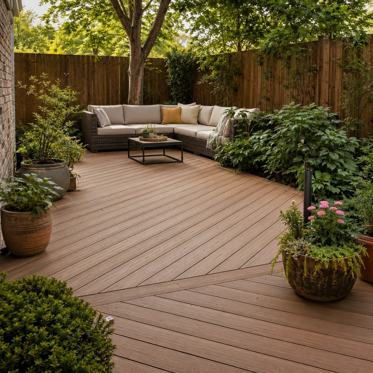 Realistic editorial photo of use diagonal decking lines in small fenced backyard, realistic editorial photo, natural lig
