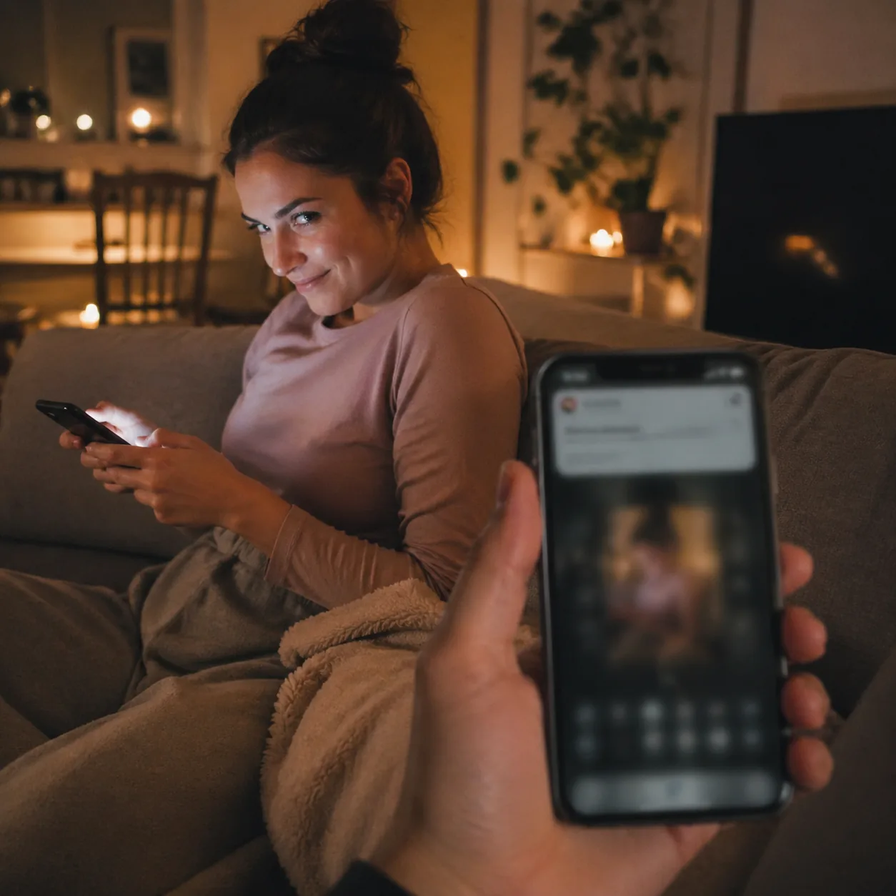 Realistic photo of a wife texting from a sofa with a mischievous smile while husband's phone shows a blurred screenshot 