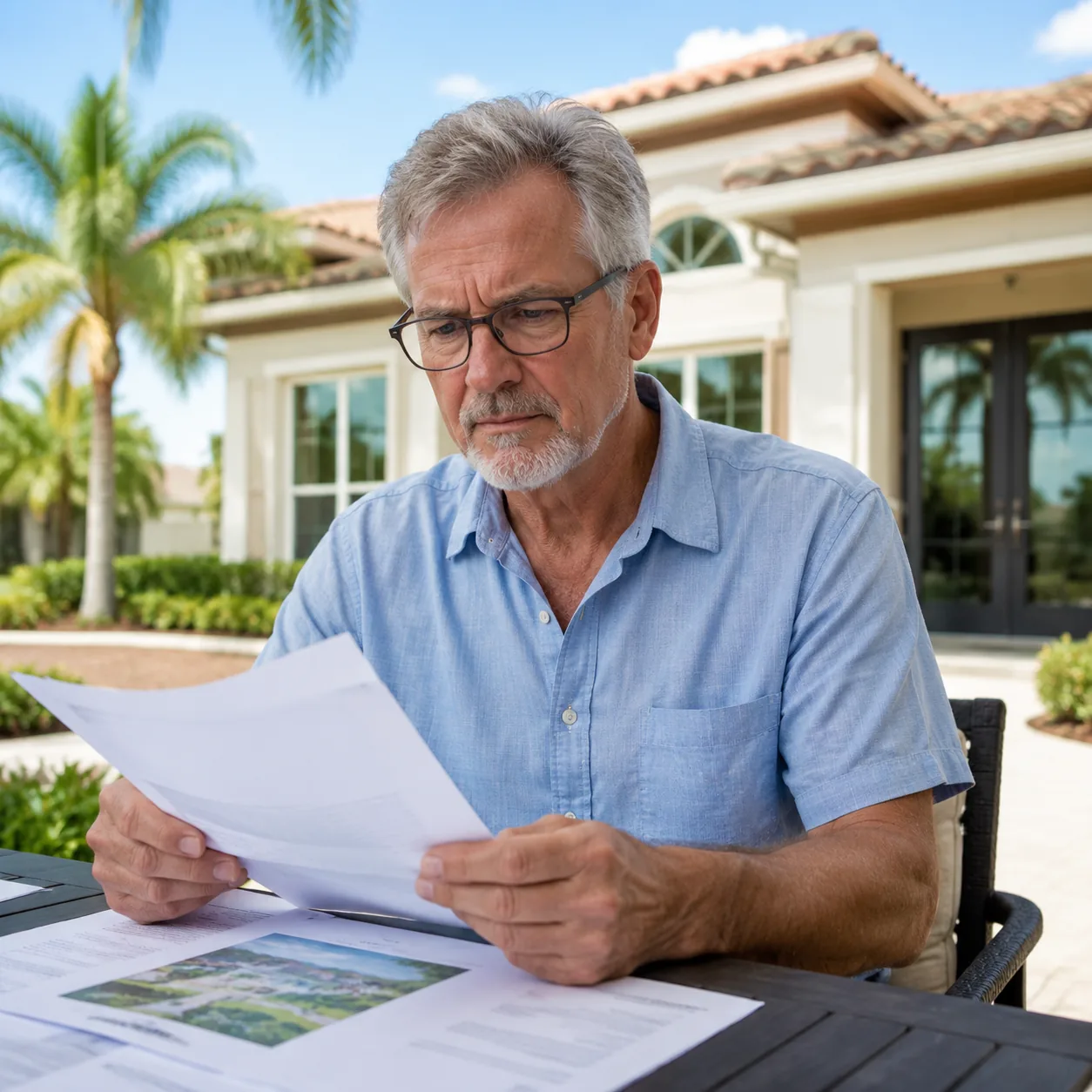 retiree reviewing community development fee documents near Florida model home, realistic editorial lifestyle photography
