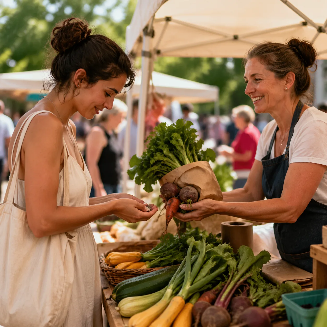 Warm editorial photo of a young woman counting change at a small farmer's market stall, smiling vendor handing over fres