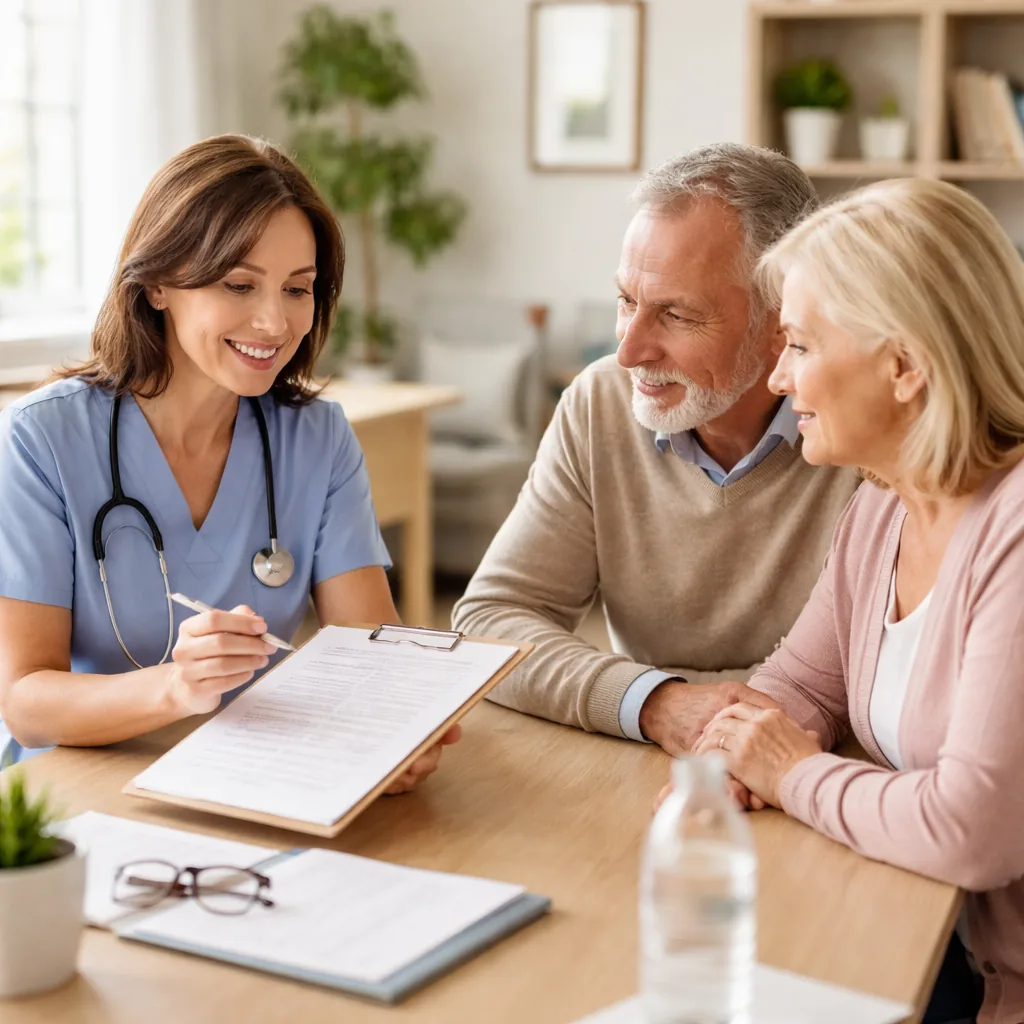 nurse reviewing assisted living care assessment with family in quiet office, realistic editorial lifestyle photography f