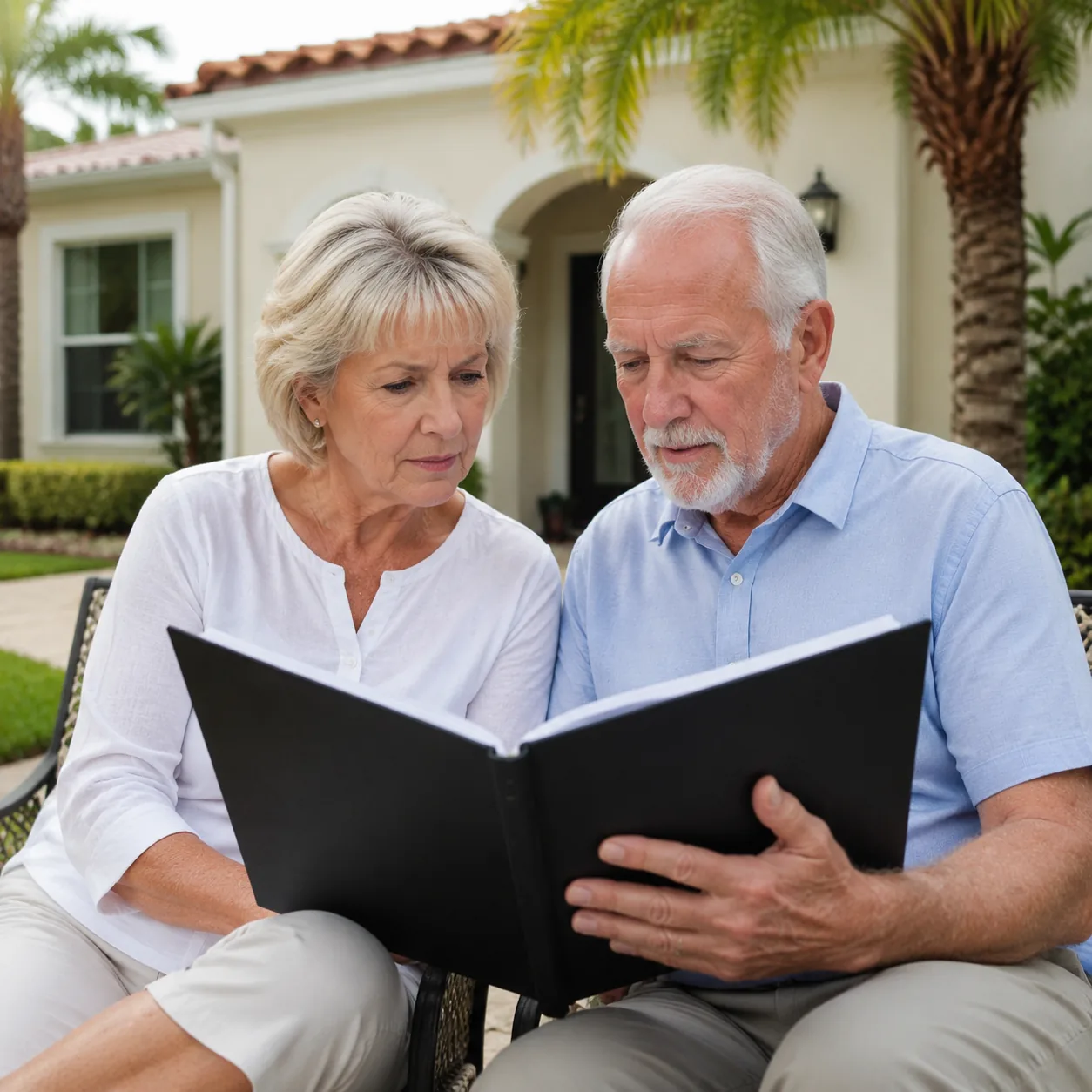 older couple reading HOA rulebook outside a Florida retirement community home, realistic editorial lifestyle photography