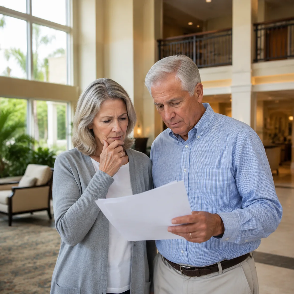 older residents looking at storm damage assessment letter in condo community lobby, realistic editorial lifestyle photog