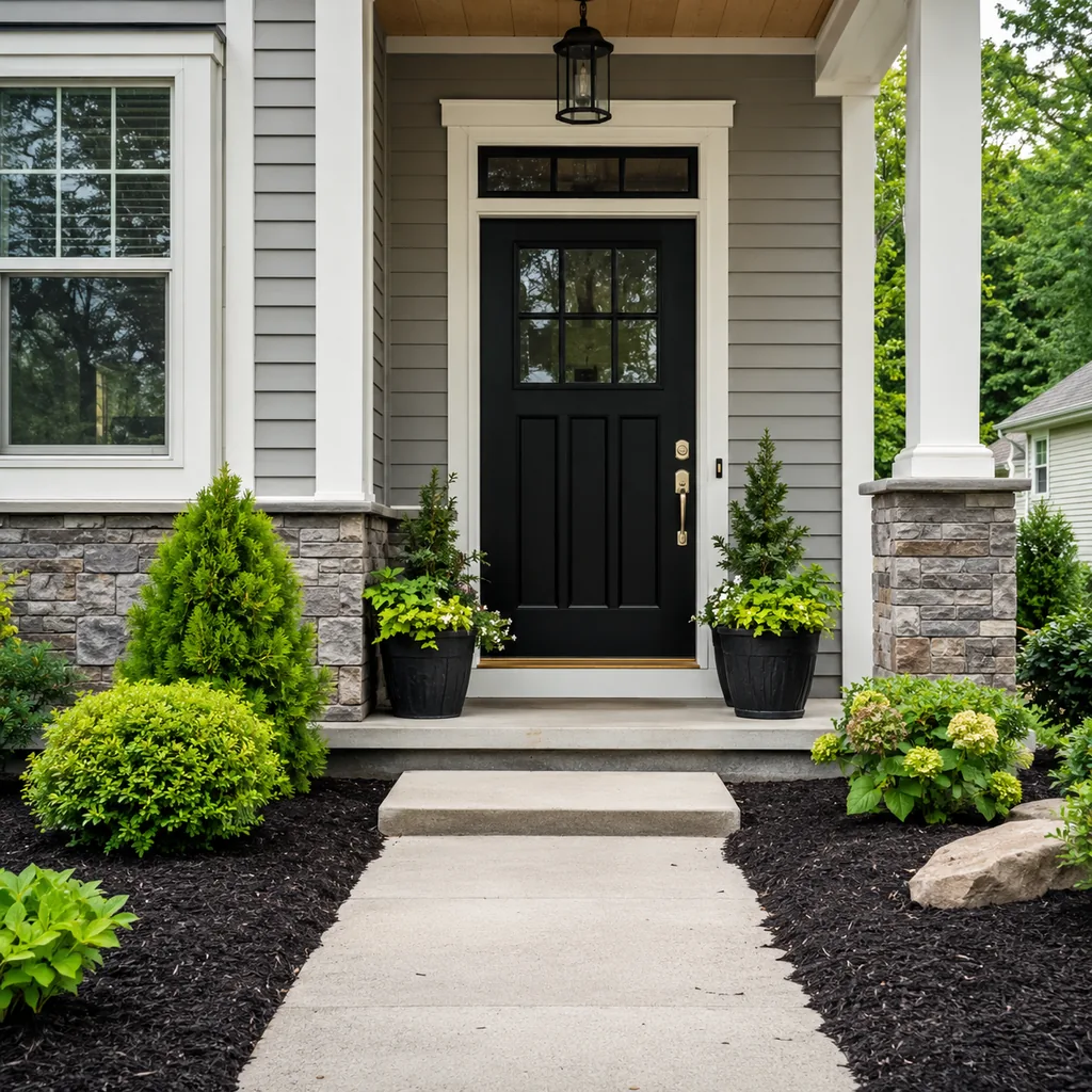 Realistic editorial photo of a black front door on an American home with trim, planters, hardware, and porch details showing fresh mulch around the approach