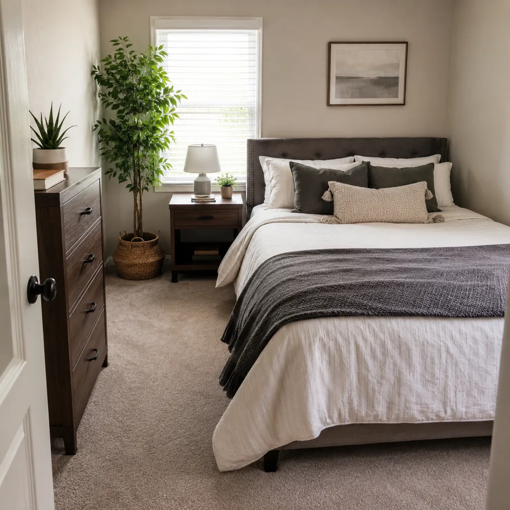 Realistic editorial photo of a compact American bedroom with bed, nightstands, window, dresser, and tight walkways showing plant scaled to the corner