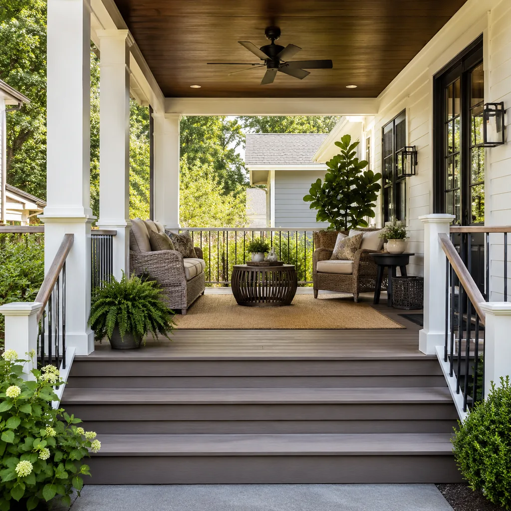 Realistic editorial photo of a covered porch with chairs, ceiling fan, plants, side tables, rug, and outdoor living details showing stair treads that look safe 
