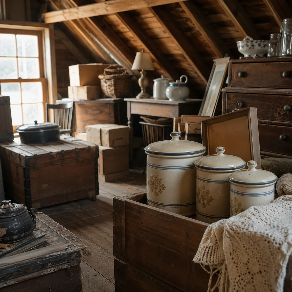 Realistic editorial photo of a dusty attic with boxes, old furniture, vintage kitchenware, and warm window light showing vintage kitchen canisters
