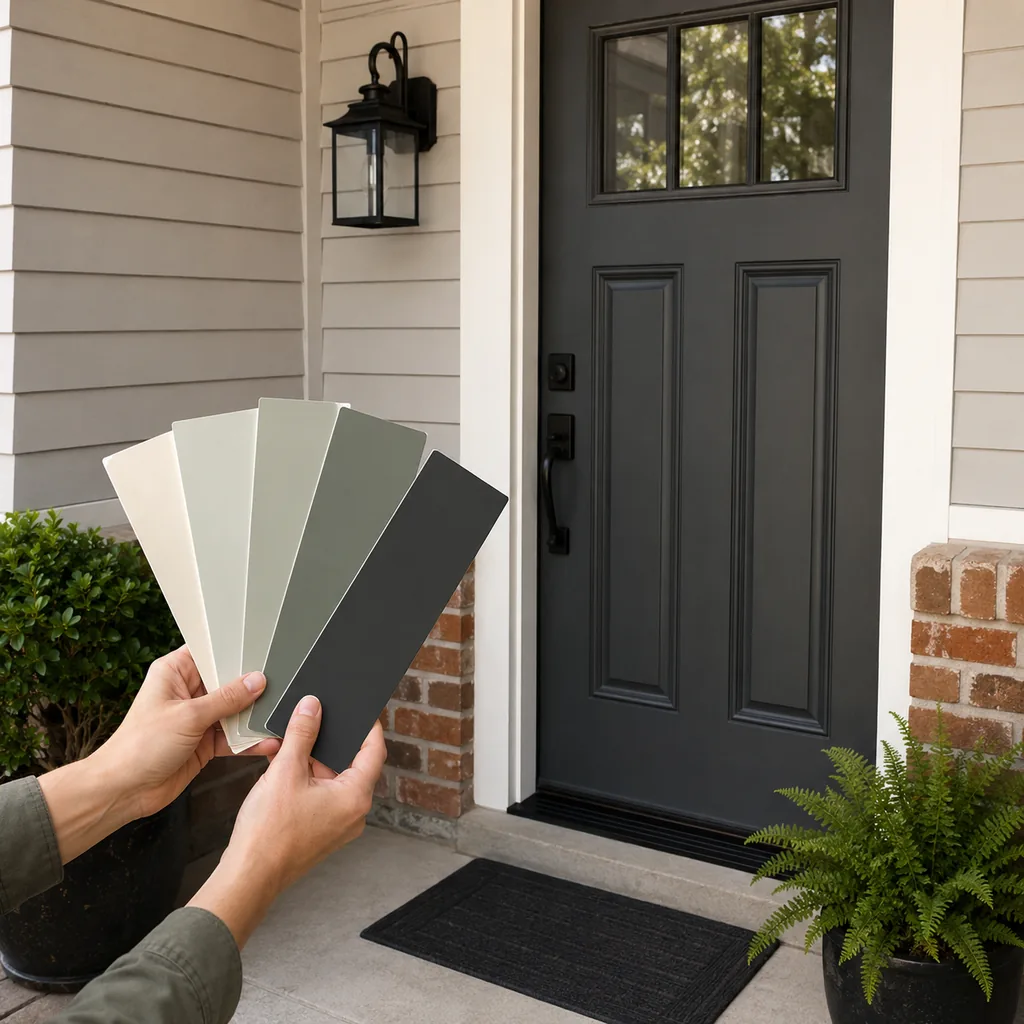 Realistic editorial photo of a front entry with door paint samples, brick, siding, plants, and trim showing choosing color for an empty room