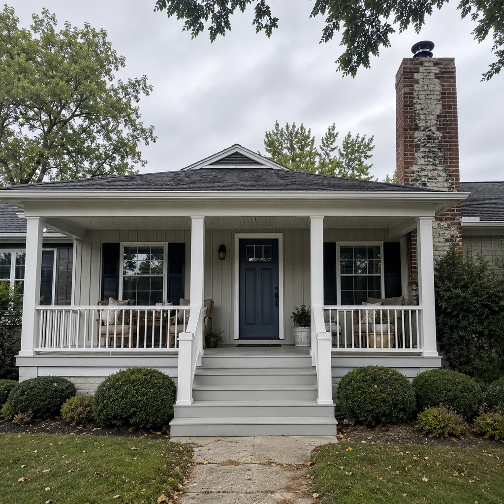 Realistic editorial photo of a front porch prepared for a home showing with steps, door, railings, seating, and curb appeal issues showing chimney with staining