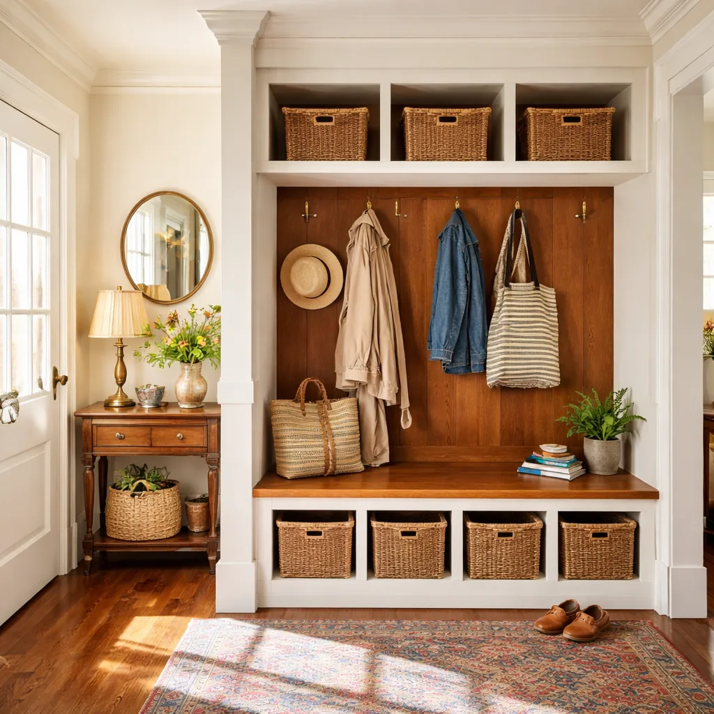 Realistic editorial photo of a home interior with vintage decor, modern furniture, warm wood, patterned accents, and layered lighting showing entryway storage t