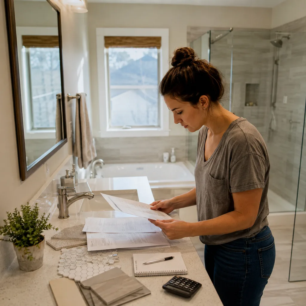 Realistic editorial photo of a homeowner comparing bathroom remodel estimates with a clean existing bathroom in the background, tile samples and budget notes on