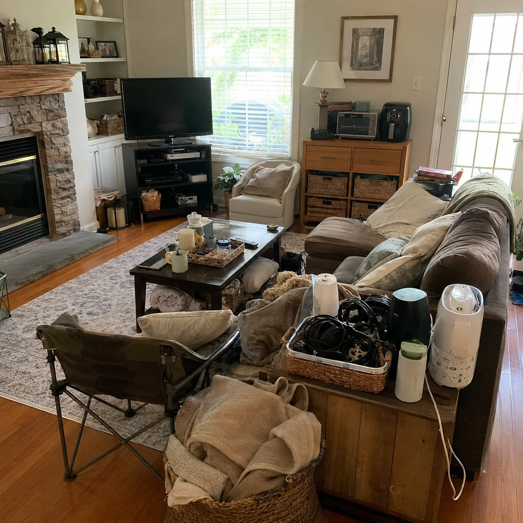 Realistic editorial photo of a living room with crowded surfaces, extra chairs, baskets, blankets, cords, and storage furniture showing single-use gadgets kept 