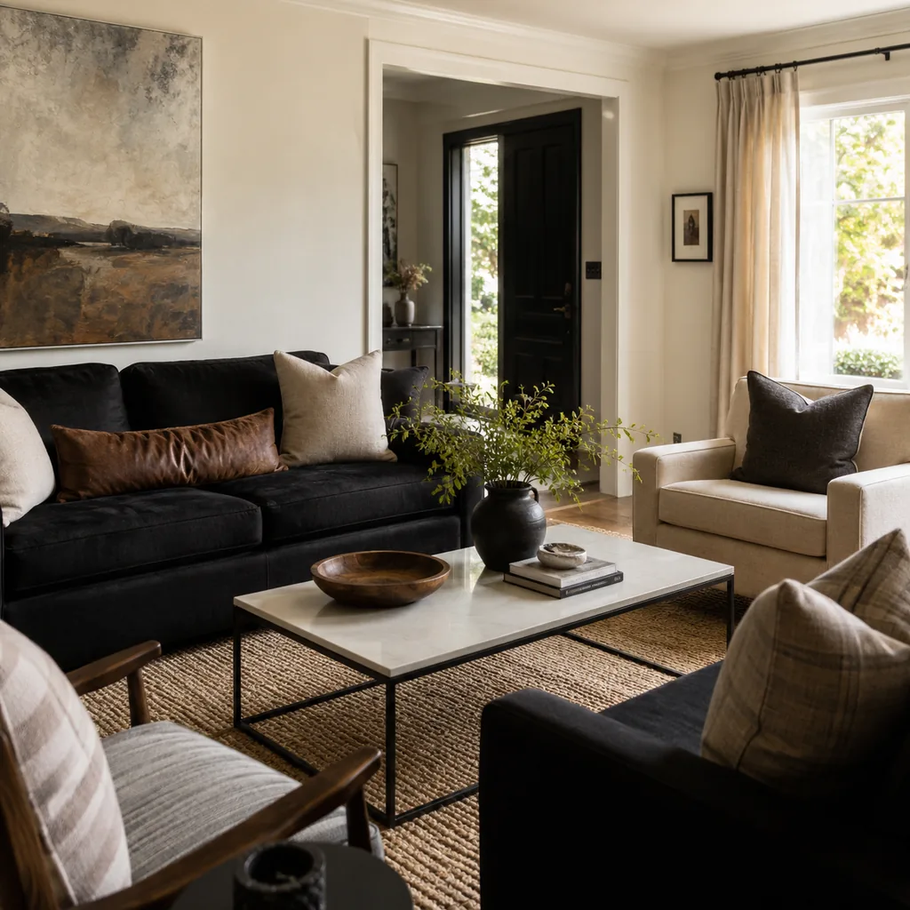 Realistic editorial photo of a living room with sofas in different upholstery colors, pillows, wall paint, and daylight showing black used without soft contrast