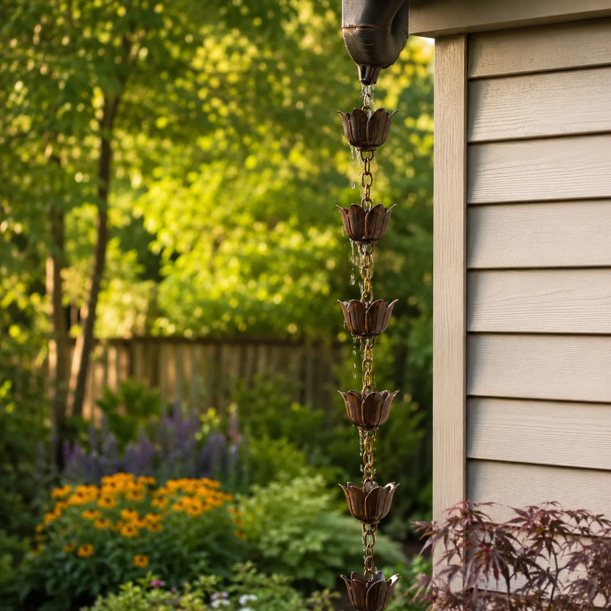 Realistic editorial photo of a rain chain on one downspout in budget backyard weekend upgrade, realistic editorial photo