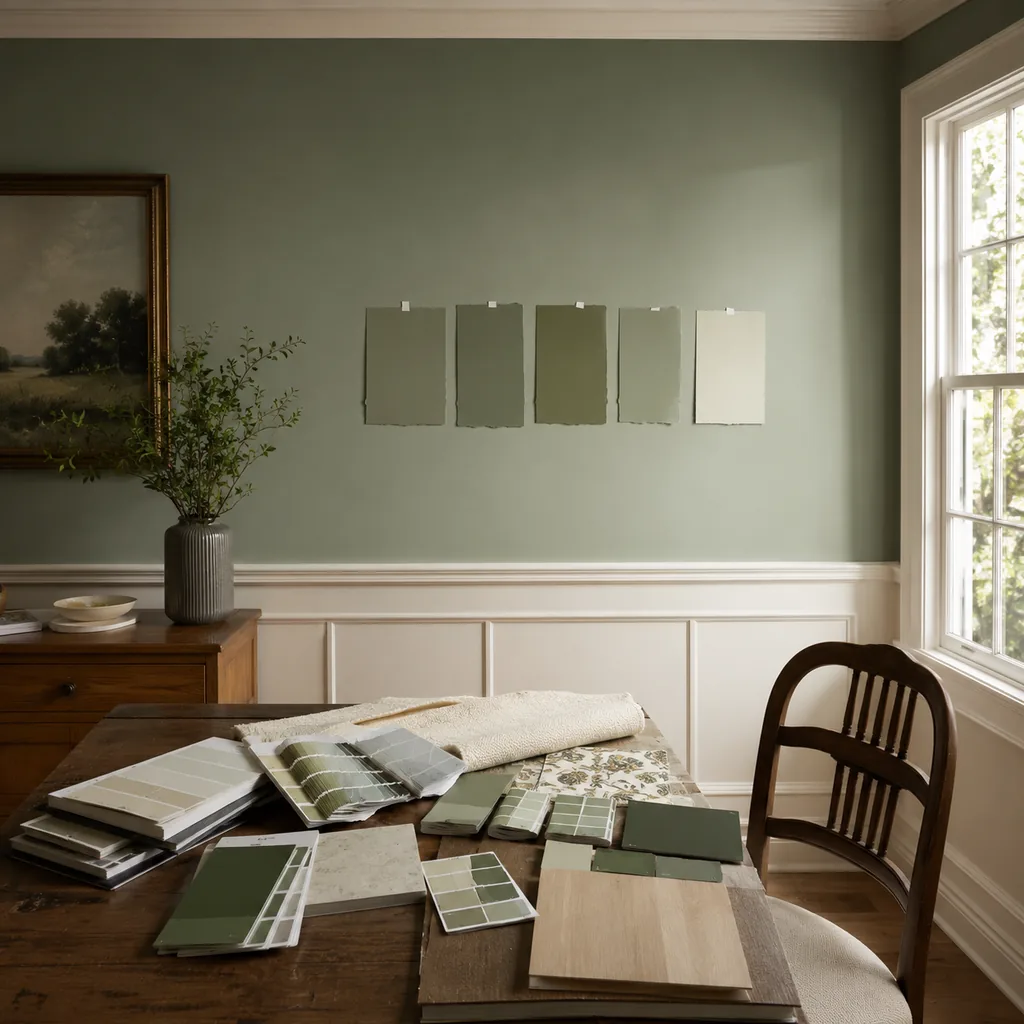 Realistic editorial photo of a room with paint swatches, sample boards, wall colors, trim, furniture, and daylight showing green chosen without testing sunlight