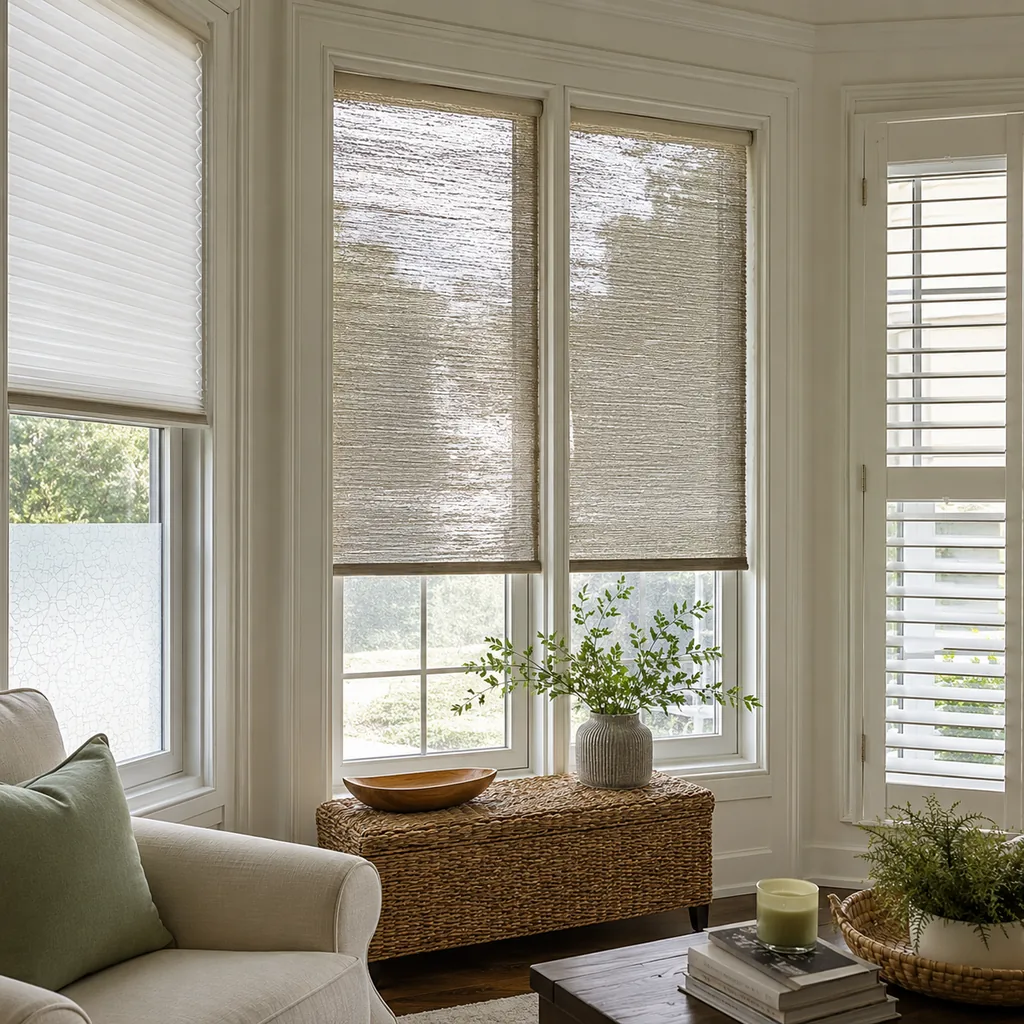 Realistic editorial photo of a room with windows, shades, shutters, woven panels, privacy film, and soft natural light showing panels that are too shiny