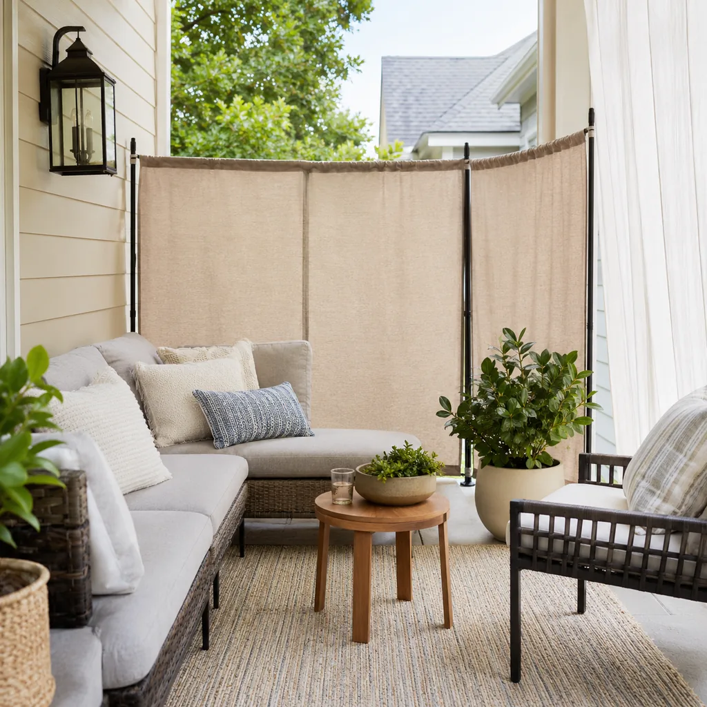 Realistic editorial photo of a small patio with compact seating, outdoor rug, plants, side table, curtains, and privacy screen showing privacy screens that look