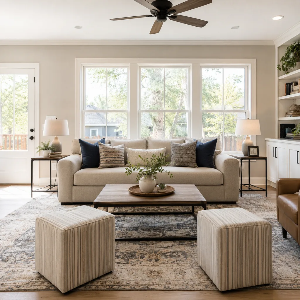 Realistic editorial photo of a staged American living room with sofa, rug, windows, lighting, and buyer-facing details showing ottomans that can move when neede