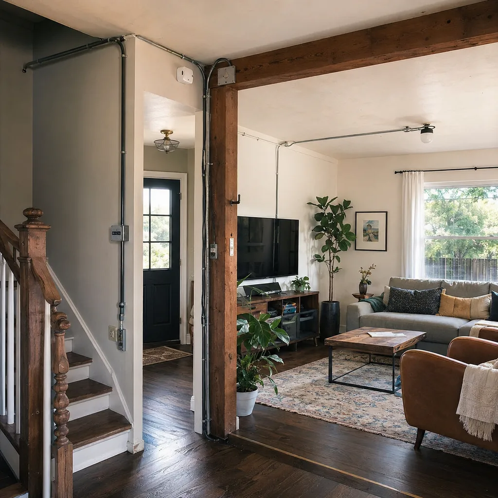 Realistic editorial photo of a staged home interior with living room, entry, lighting, furniture placement, and listing-photo details showing visible diy wiring