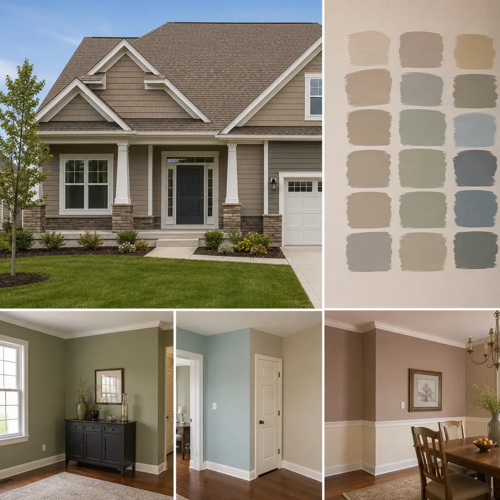 Realistic editorial photo of a suburban home exterior with siding, trim, roof, front door, lawn, and paint swatches showing too many undertones in one room