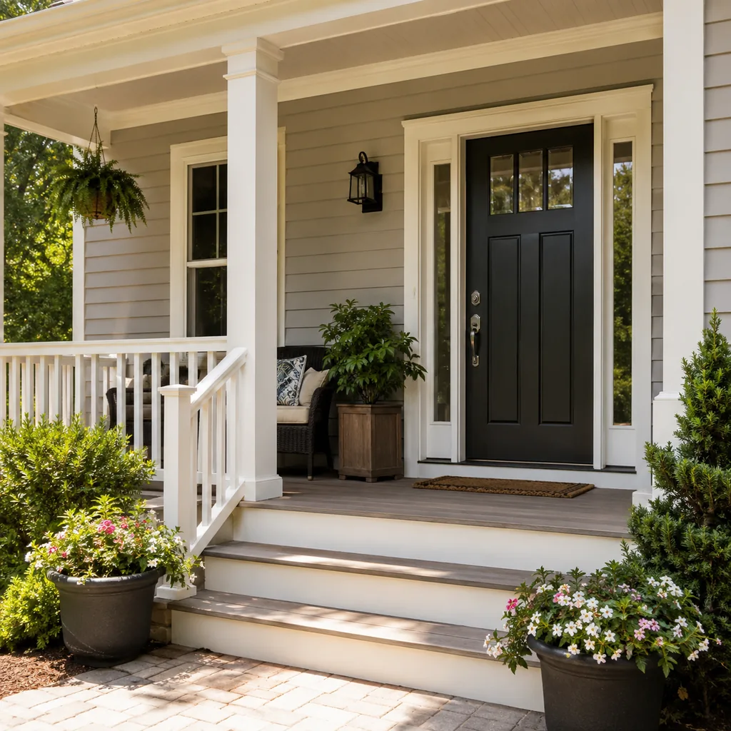 Realistic editorial photo of an American front porch with siding, steps, planters, seating, and a visible front door showing front door finish without faded pat