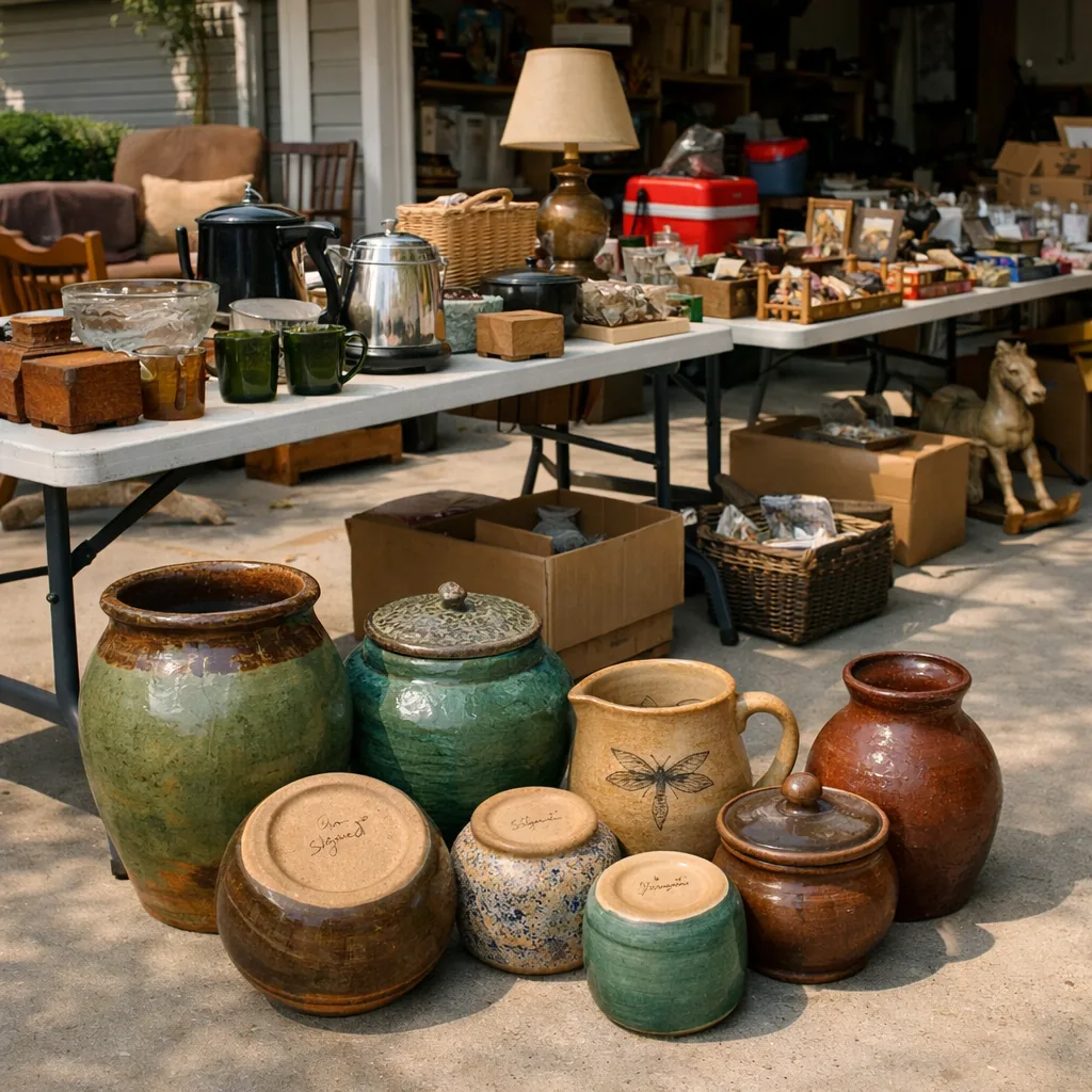 Realistic editorial photo of an American garage sale with folding tables, boxes, old kitchen items, furniture, and collectibles showing signed pottery on the bo