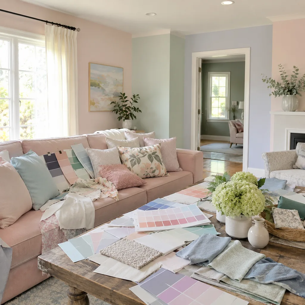 Realistic editorial photo of an American living room with paint swatches, sofa fabric, wall colors, and natural light showing too many pastels without grounding