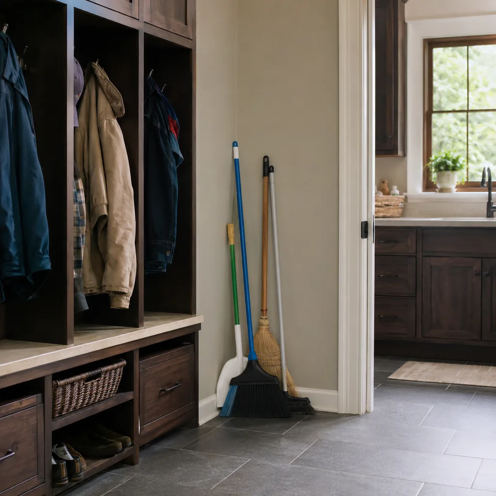 Realistic editorial photo of an American mudroom showing not planning for cleaning tools