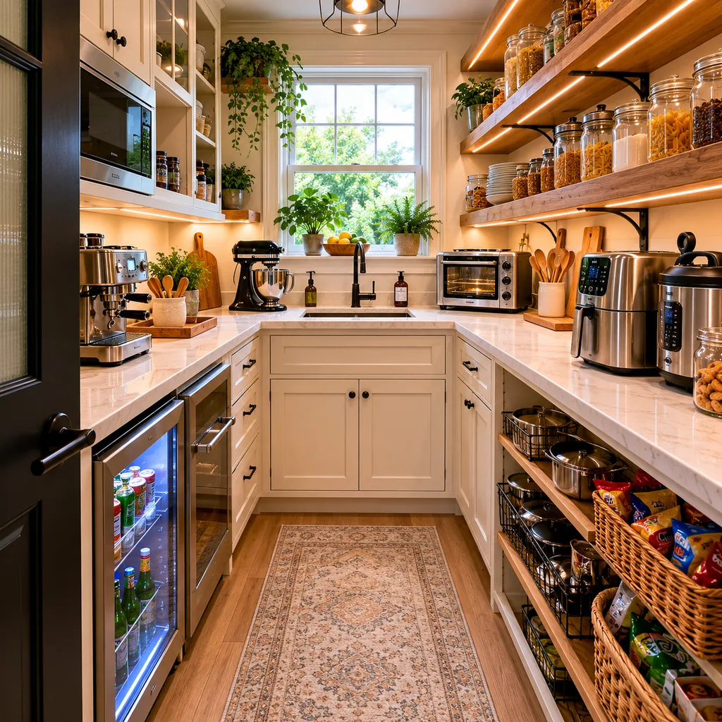 Realistic editorial photo of an American walk-in pantry showing turning pantry into a second kitchen without planning it