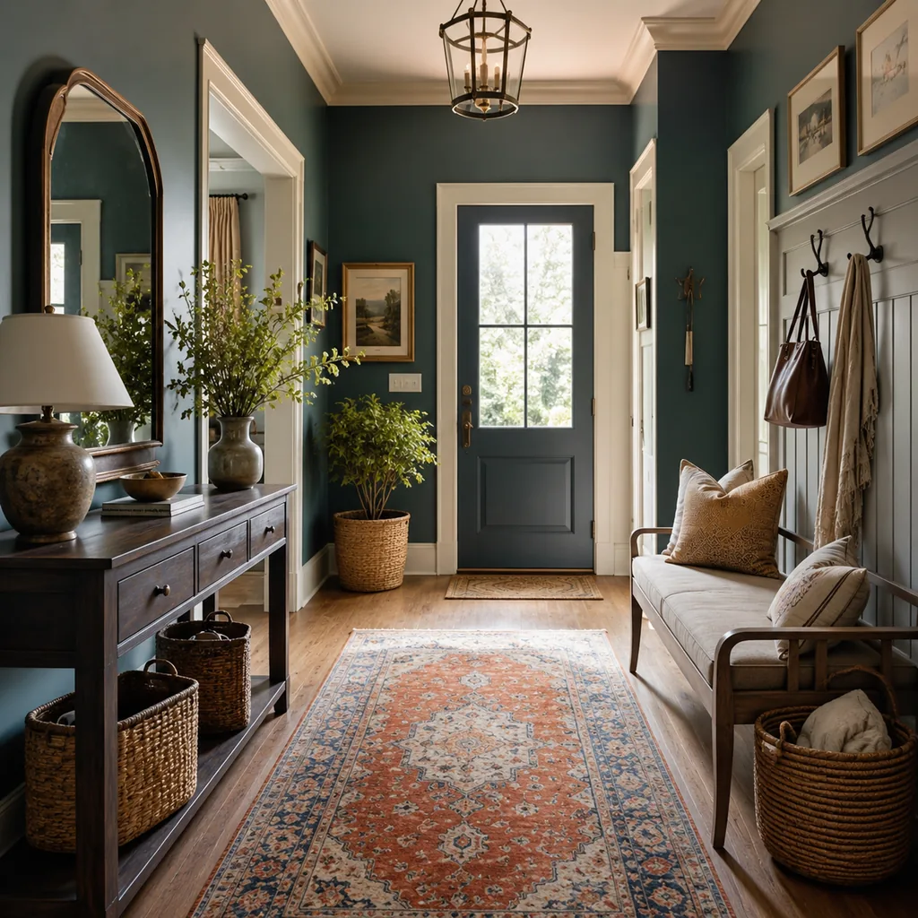 Realistic editorial photo of an entryway with console table, mirror, bench, hooks, rug, lighting, and storage showing color-drenched rooms with good light