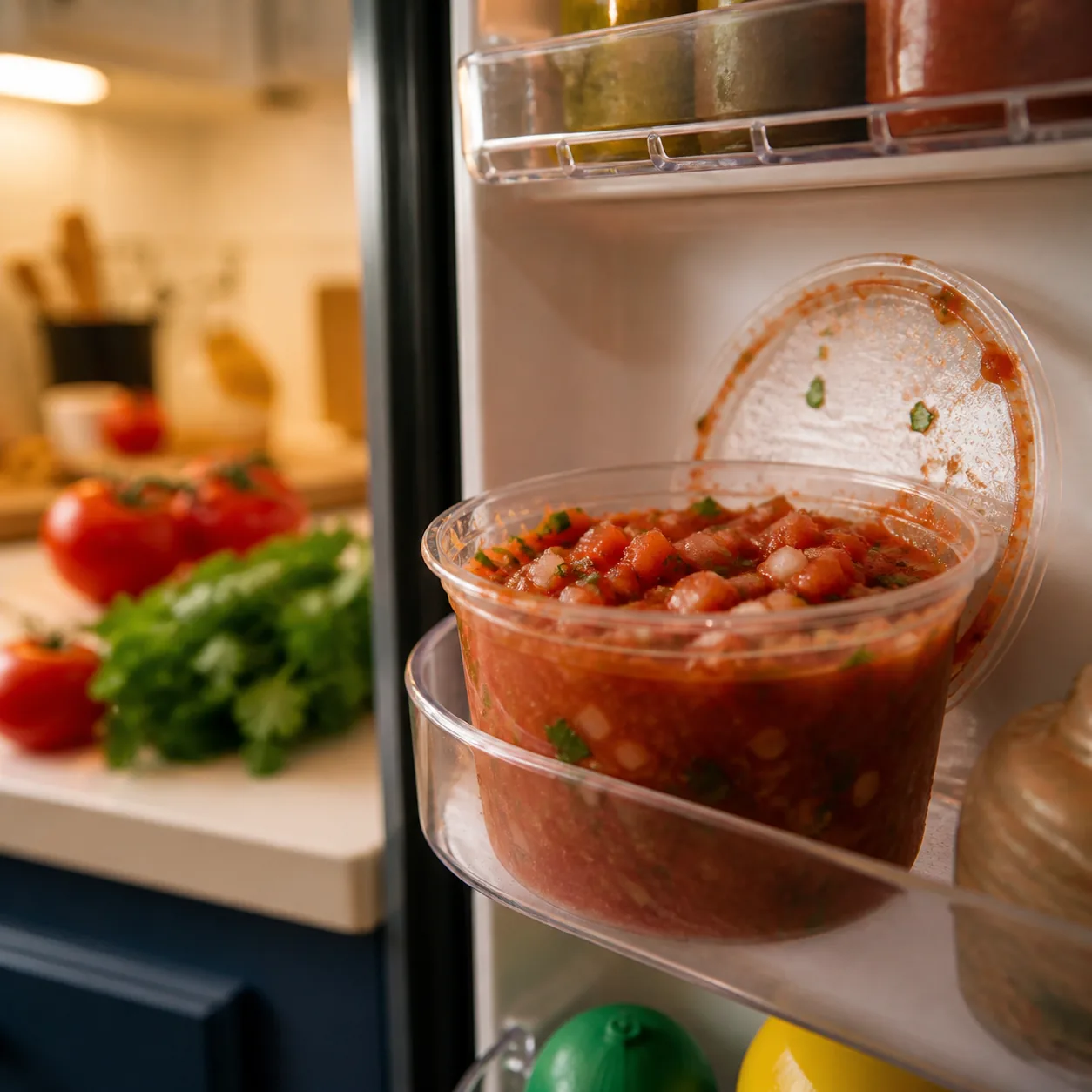 Realistic editorial photo of an opened tub of fresh refrigerated salsa in a refrigerator door shelf, tomatoes and cilant