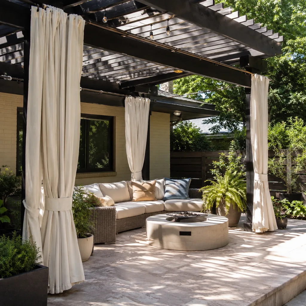 Realistic editorial photo of an outdoor patio with pergola curtains, seating, plants, fabric panels, and sunlight showing custom look missing proper fullness