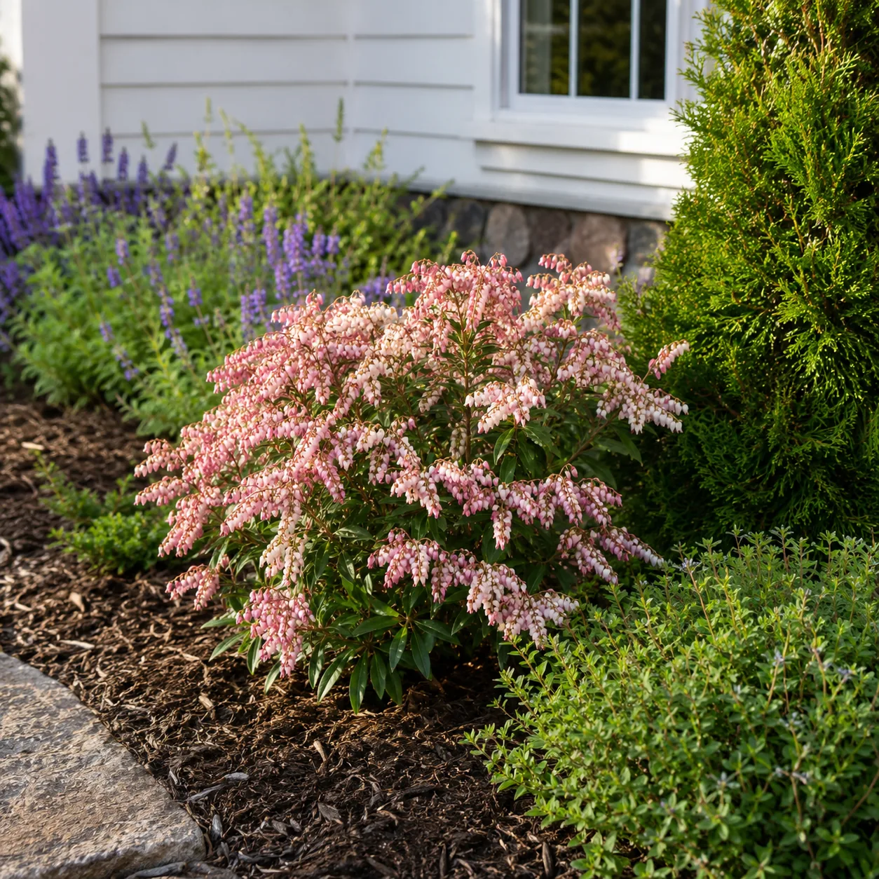 Realistic editorial photo of Andromeda growing in front yard border with deer resistant flowering plants, realistic edit