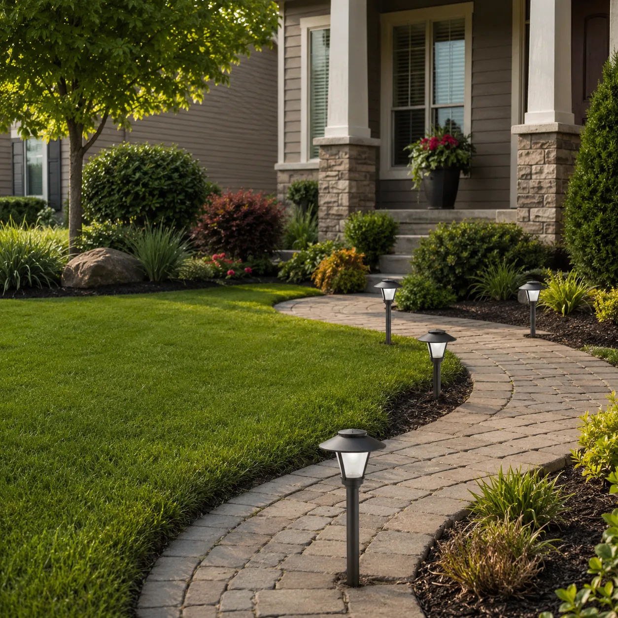 Realistic editorial photo of avoid tiny scattered solar lights in polished suburban front yard, realistic editorial phot