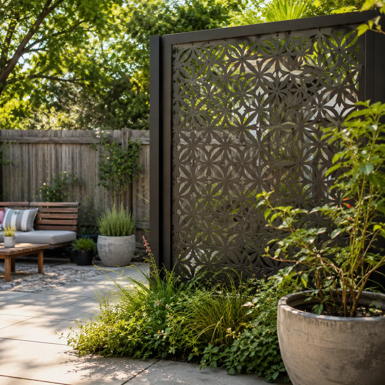Realistic editorial photo of decorative screen panel in an ordinary backyard needing privacy, realistic editorial photo,