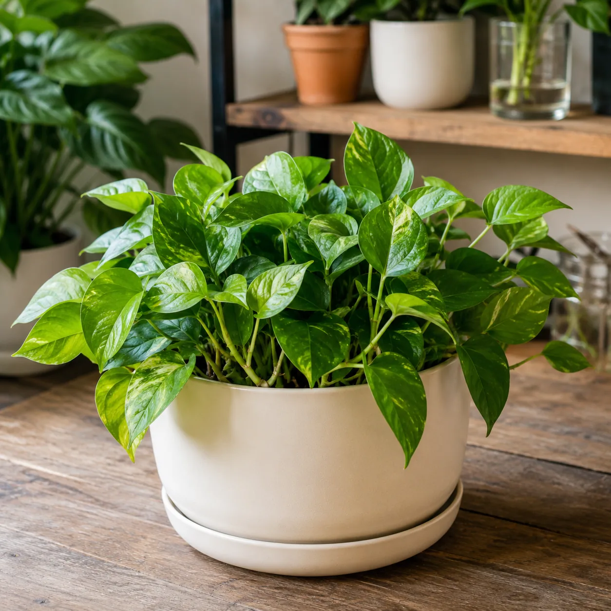 Realistic editorial photo of freshly restarted full pothos pot made from many rooted green cuttings, warm natural light,
